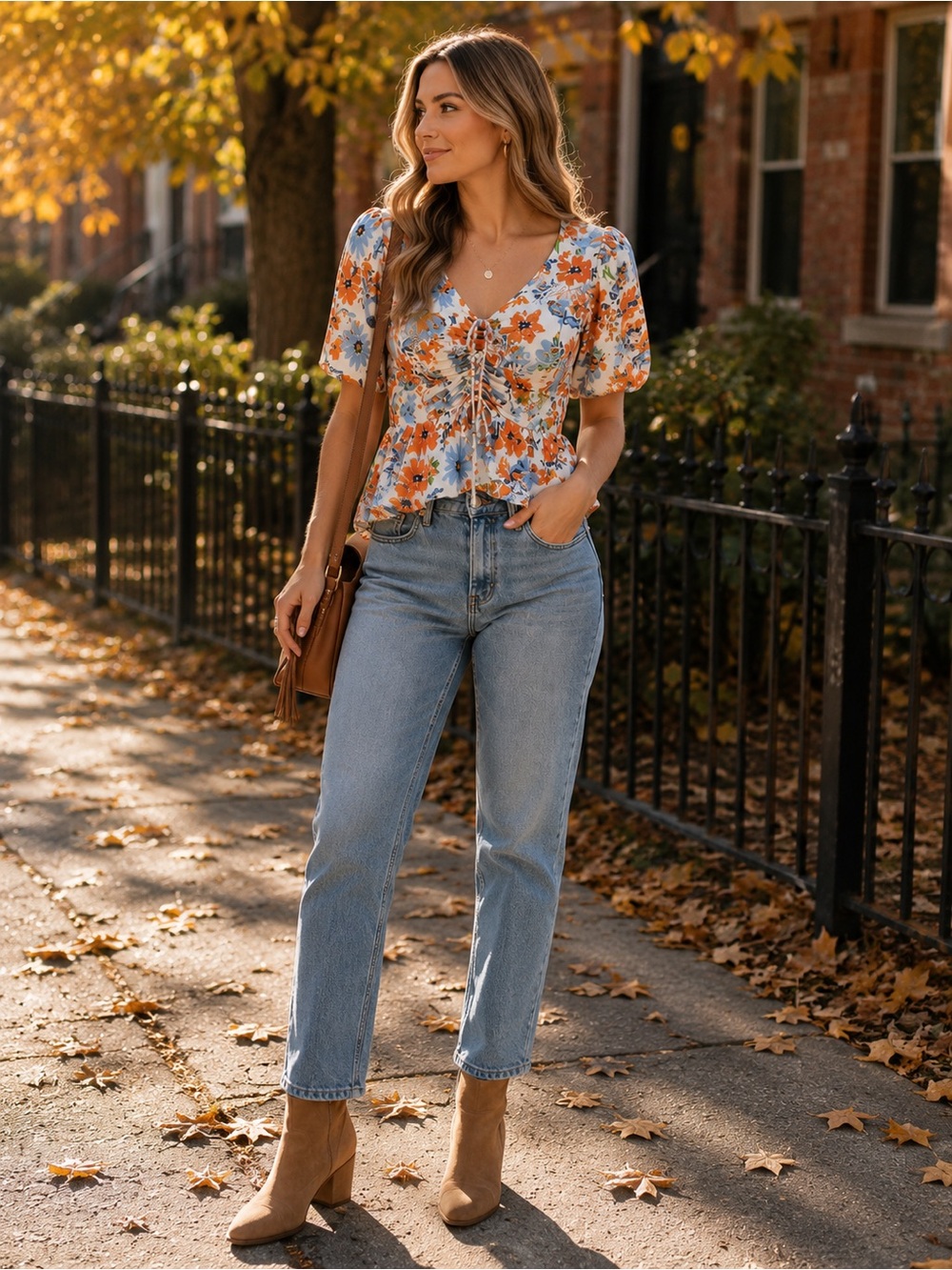 Eclair Floral Tie-Front Peplum Blouse in Orange & Blue